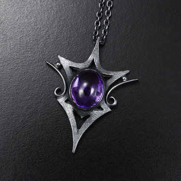 Goth oxidized silver pendant necklace, amethyst pendant necklace