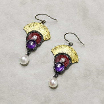 Japanese red copper Hido earrings with amethyst and akoya pearls