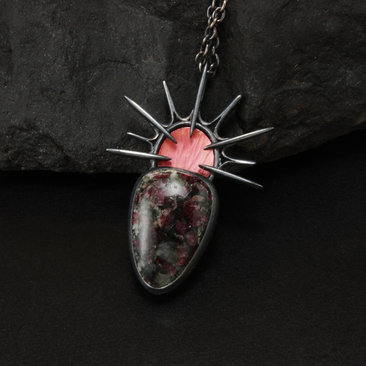 Oxidized silver goth pendant necklace with Eudialyte and Japanese red patinaed c