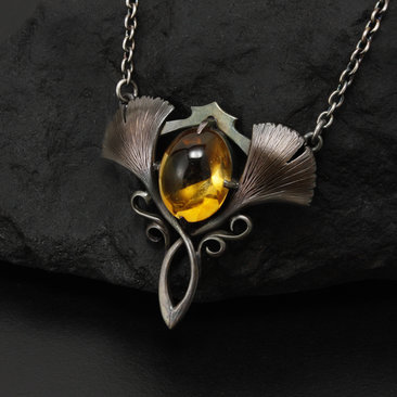 Two ginkgo leaf oxidized silver Art Nouveau necklace with a citrine