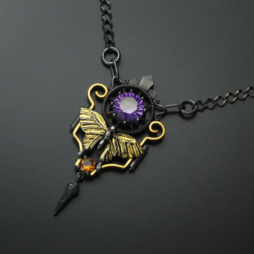 Art deco style necklace with a round amethyst and Keum Boo scrolls