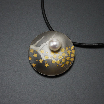 Round Keum Boo oxidized silver pendant necklace of falling plum blossoms with Ak