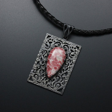 Openwork oxidized silver pendant necklace with Thulite
