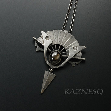 Black star sapphire steampunk fan motif oxidized silver pendant necklace