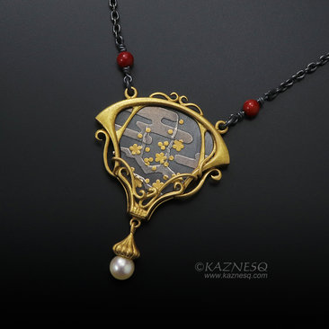 Art Nouveau style golden blossoms necklace, Keum Boo necklace