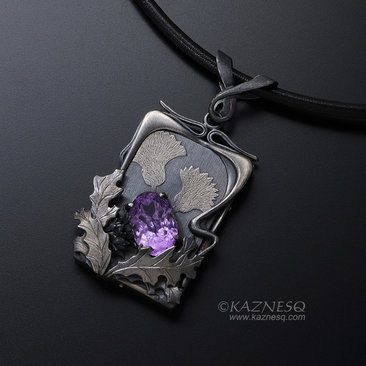 Amethyst Art Nouveau style thistle pendant necklace, Goth pendant