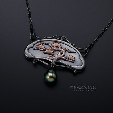 Art Nouveau style pine tree motif necklace with a black pearl