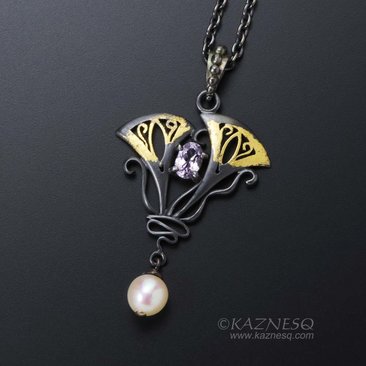 Lavender spinel Art Nouveau style oxidized silver pendant with a freshwater pear