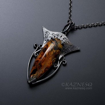 Pietersite oxidized silver openwork goth pendant necklace