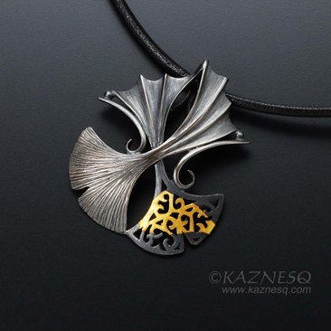 Oxidized silver ginkgo pendant necklace with Keum Boo, openwork, and a taste of