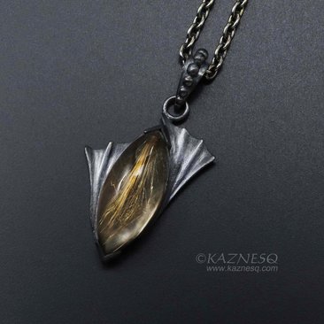 Rutilated quartz and black mother of pearl oxidized silver goth pendant necklace