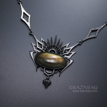 Yellow labradorite oxidized silver goth taste pendant necklace