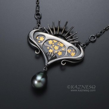 Art Nouveau style Keum Boo picture and black baroque pearl oxidized silver penda