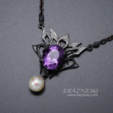 Amethyst and Akoya pearl oxidized silver goth taste silver pendant necklace for
