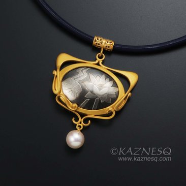 Art Nouveau Lotus Keum Boo and Akoya silver pendant necklace