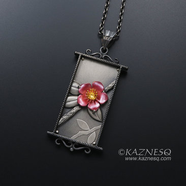 (C) KAZNESQ: Camellia pendant necklace of heat patinaed copper and silver