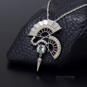 (C) KAZNESQ: Art Deco style Double Fan Green Amethyst Silver Pendant Necklace