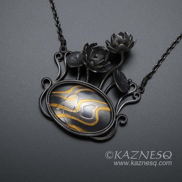 (C) KAZNESQ: Art Nouveau Lotus flowers oxidized silver pendant necklace