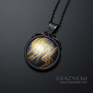 (C) KAZNESQ: Keum Boo oxidized silver round pendant of water pattern and fishes