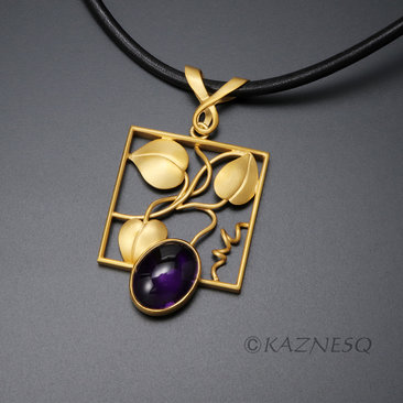 (C) KAZNESQ: Leaf motif amethyst gold tone silver square pendant necklace