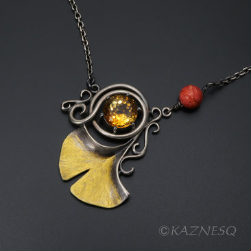 (C) KAZNESQ: Ginkgo citrine autumn fashion silver necklace