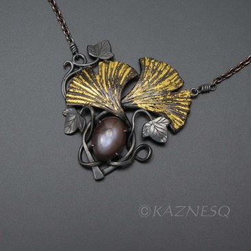 (C) KAZNESQ: Art Nouveau ginkgo necklace with brown moonstone and gold leaf