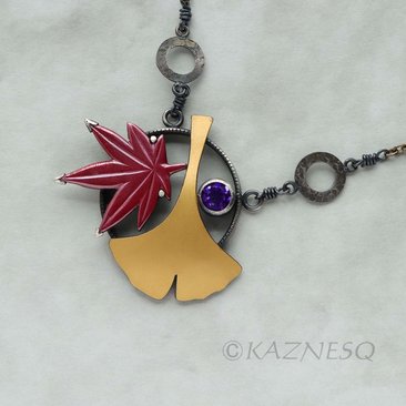 (C) KAZNESQ: Ginkgo and red maple leaf necklace, autumn jewelry gift for her