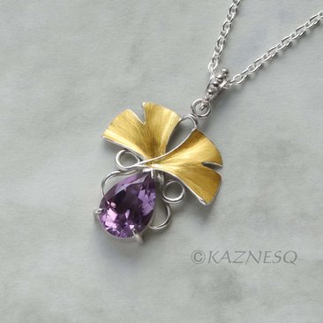 (C) KAZNESQ: Ginkgo leaf silver necklace with amethyst and Gold Keum Boo