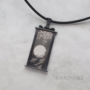 (C) KAZNESQ: apanese art Keum Boo silver pendant necklace of Koi pond, the moon,