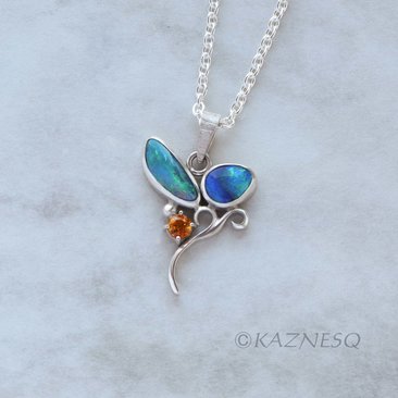 (C) KAZNESQ: Opal and orange sapphire Art Nouveau style silver necklace