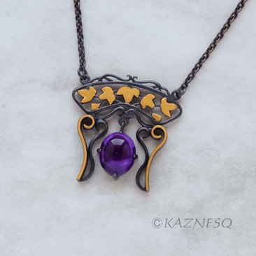 (C) KAZNESQ: Art Nouveau style ivy openwork Keum Boo amethyst necklace