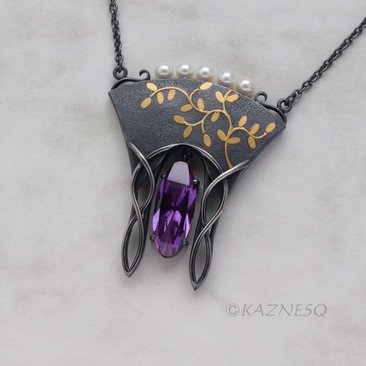 (C) KAZNESQ: Art Nouveau style gold Japanese bush clover silver necklace
