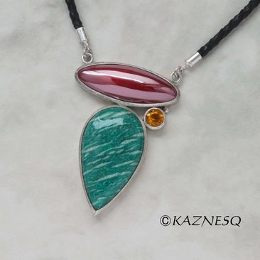 SALE: Russian Amazonite and Japanese patinaed red copper silver pendant necklace, color pendant