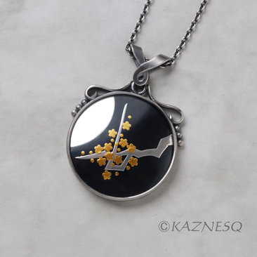(C) KAZNESQ: Keum Boo oxidized copper round pendant of the moon and blossoms