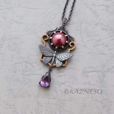 (C) KAZNESQ: Keum Boo and red copper Art Deco oxidized silver butterfly necklace