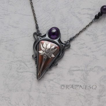 (C) KAZNESQ: Lotus Keum Boo triangle amethyst oxidized silver and copper pendant