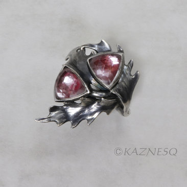 (C) KAZNESQ: Rose cut trillion quartz thistle motif oxidized silver ring