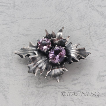 (C)KAZNESQ: Thistle motif amethyst oxidized silver brooch