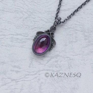 Art Nouveau style amethyst cab oxidized silver pendant necklace with gold lining