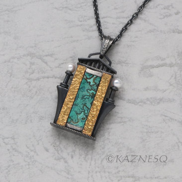 (C) KAZNESQ Green Lace Agate building facade Keum Boo oxidized silver pendant ne