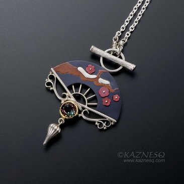 Tibetanite silver and shakudo Keum Boo necklace of plum blossom motif