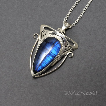 (C) KAZNESQ: Blue labradorite Art Nouveau style silver pendant necklace.