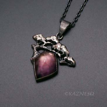 (C) KAZNESQ: Pine Tree Bonsai motif amethyst and MOP Oxidized Silver Pendant Nec