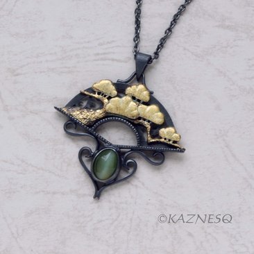 (C) KAZNESQ: Fan shape Pine Tree motif oxidized silver pendant necklace featurin