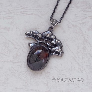 (C) KAZNESQ: Moss Agate Bonsai Pine Tree motif Oxidized Silver Pendant Necklace
