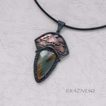 (C) KAZNESQ: Owyhee Picture Jasper and Copper Pine Tree Bonsai Oxidized Silver P