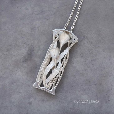 (C) KAZNESQ: Art Nouveau style mat finish silver floral pendant necklace with Ak