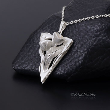 (C) KAZNESQ: Art Nouveau style Floral triangle silver pendant with Akoya Pearls.