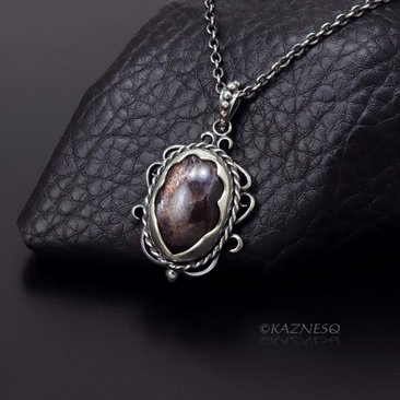 (C) KAZNESQ: Iolite Sunstone oxidized silver filigree and scrolls pendant neckla