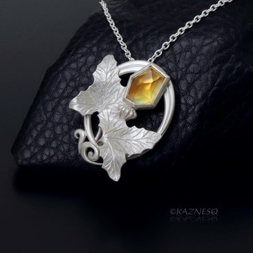 (C) KAZNESQ: Art Nouveau style Flower and Leaf motif Citrine lined with MOP